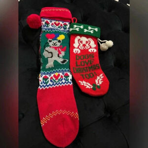 Set of 2 Vintage 90’s Christmas Kid & Per Dog Stockings Holidays Decor Kitsch